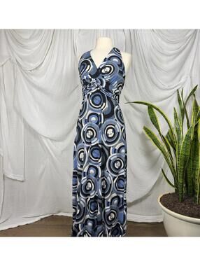 Vintage Indie Blue Geometric Pattern Halter Maxi Dress (XL)